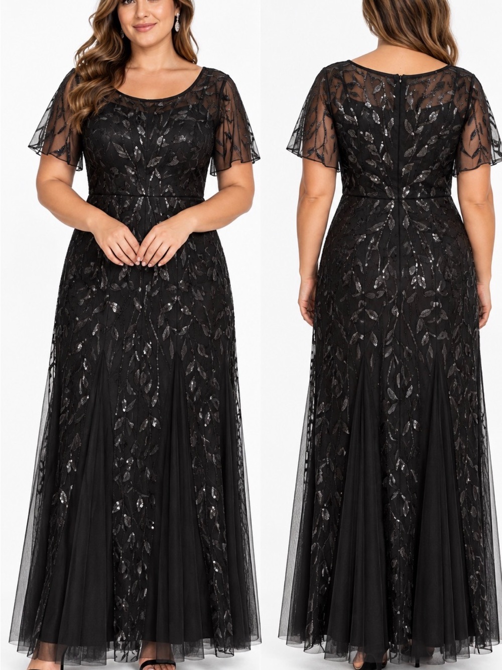 NWT Ever Pretty Black Sequin Embroidered Tulle Maxi Gown 6XL US 20